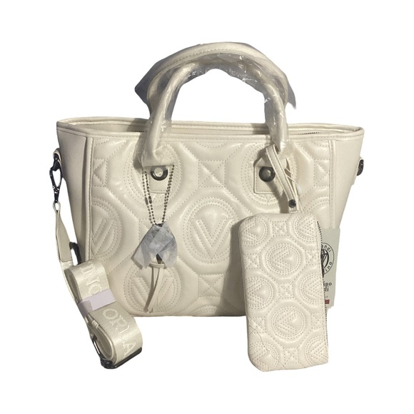 Valentino Orlandi Large Ivory Quilted Tote Bag with Matching Pouch & Long Strap